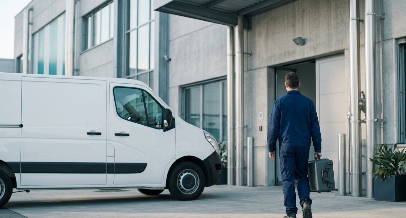 Technician arriving on-site at a pharmaceutical facility